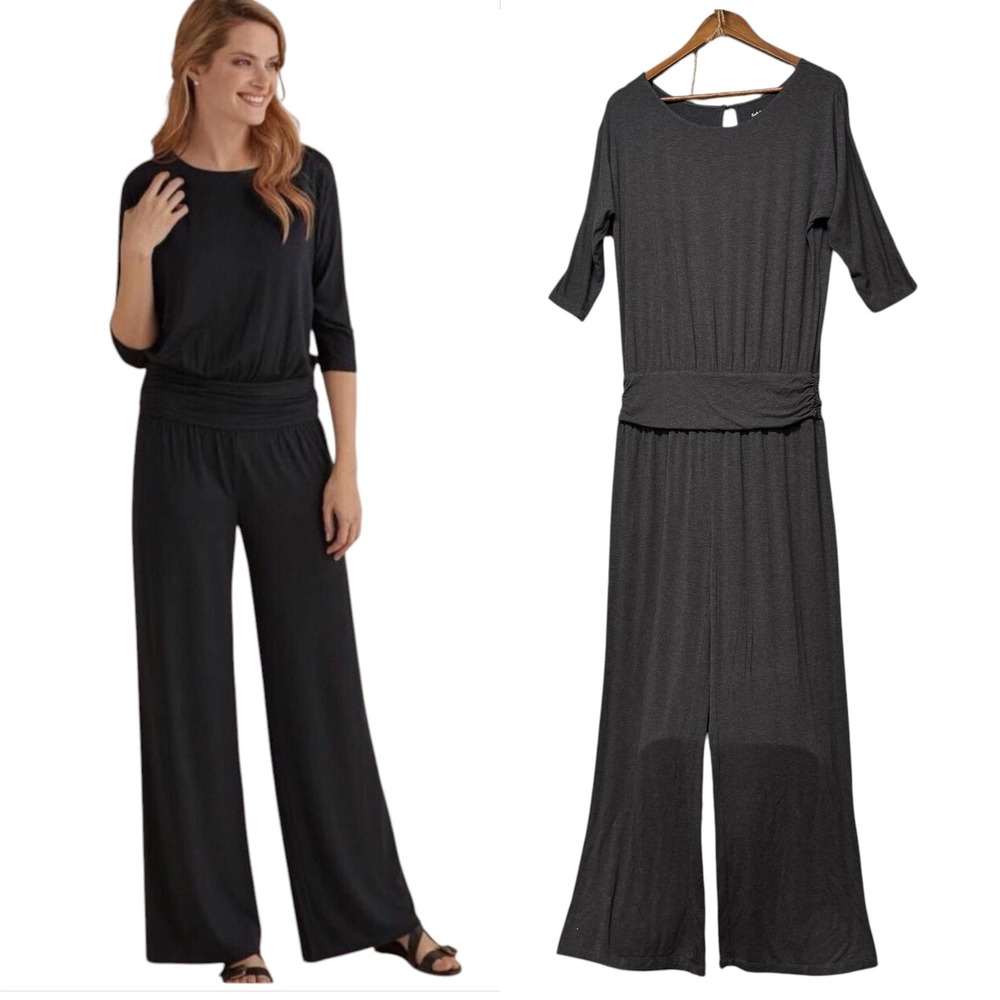 Soft Surroundings Jumpsuit Womens M Wide Leg 3/4 Sleeve Modal Knit Stretchy Prep